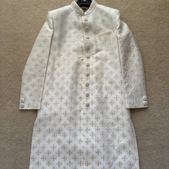 [NEW] Men's Indian Pakistani Sherwani Wedding Suit Cream - Picture 1 of 9